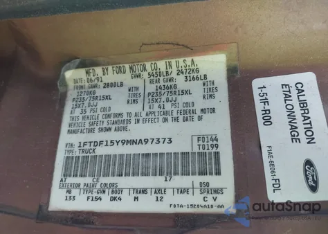 1991 Ford F150 из США, поврежденный, VIN 1FTDF15Y9MNA97373